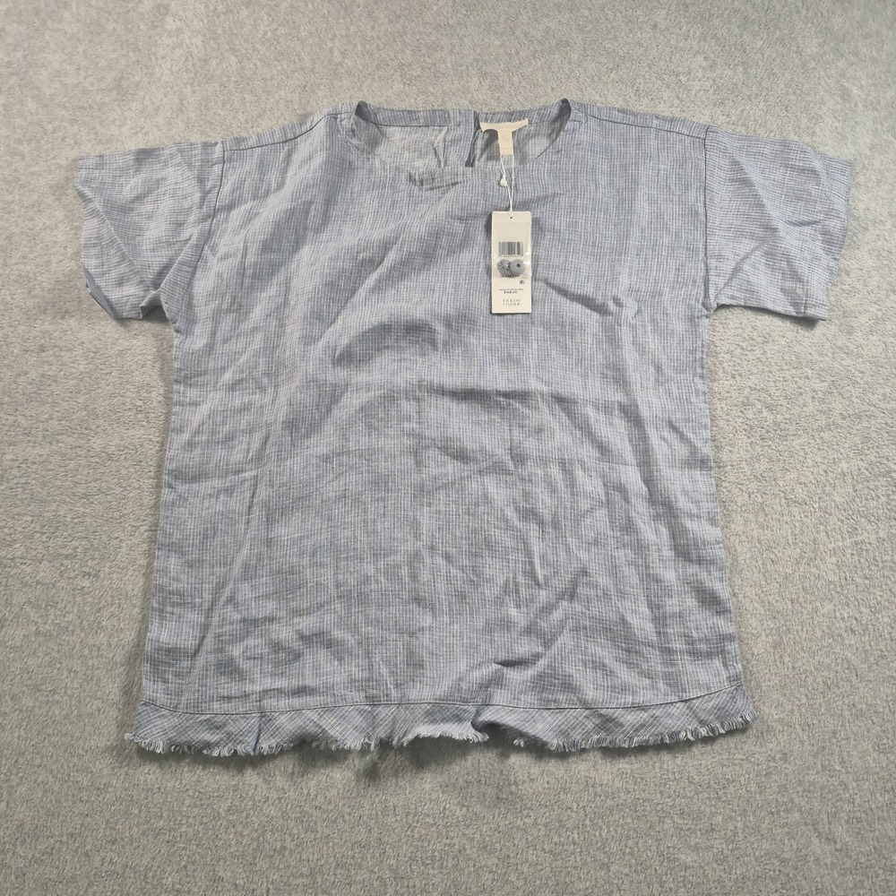 Eileen Fisher NWT Womens XXS Chambray Blue Raw Hem Round Neck Boxy Top Linen